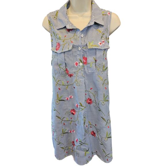 Bcbg size L button front chambray striped floral shirt tunic dress EUC whimsical - Picture 1 of 7